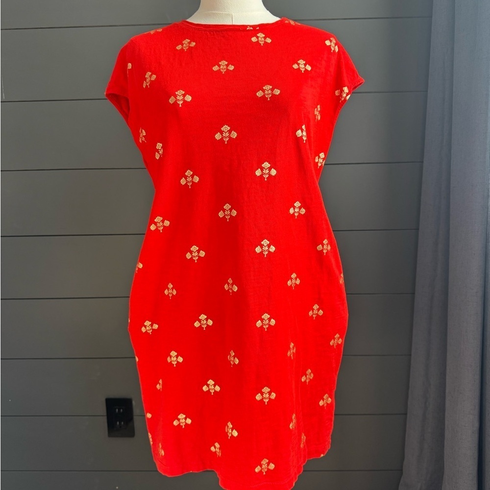 Boden Pauline Red T-Shirt Dress Gold Floral Pattern 100% Cotton Beach Summer
